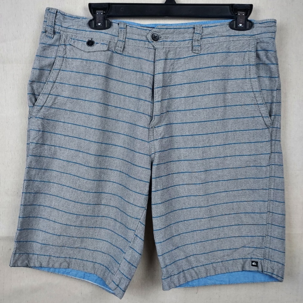 Quiksilver Mens Shorts 33 Gray Blue Striped Tailored Waist Flat FrontClassic...